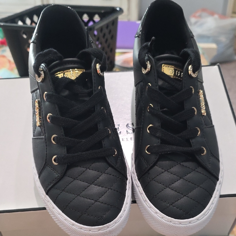 Guess Black Quilted Sneakers with Gold Accents